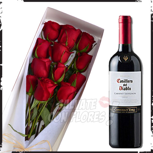 Caja 12 rosas + Vino | Regalar Flores, Envio de flores, desayunos y regalos a domicilio
