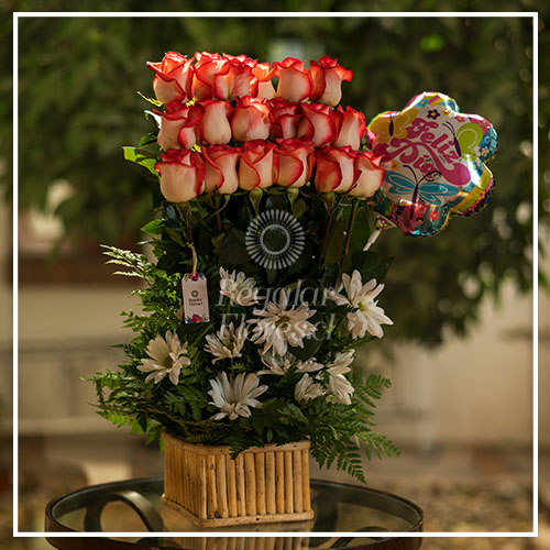 Frontal 18 Rosas bicolor  + Globo feliz dia | Regalar Flores, Envio de flores, desayunos y regalos a domicilio