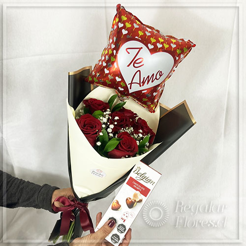 Ramo 6 rosas rojas+ globo + belgian 65gr. | Regalar Flores, Envio de flores, desayunos y regalos a domicilio