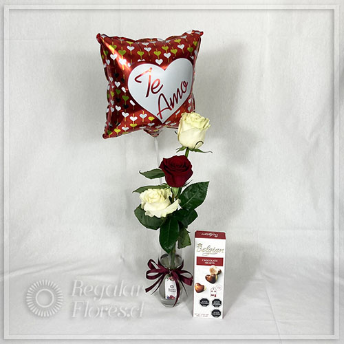 Florero 3 rosas + globo + chocolate Belgian 65gr. | Regalar Flores, Envio de flores, desayunos y regalos a domicilio