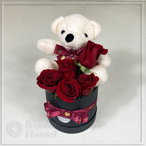 Cilindro negro 5 rosas y osito | Regalar Flores, Envio de flores, desayunos y regalos a domicilio