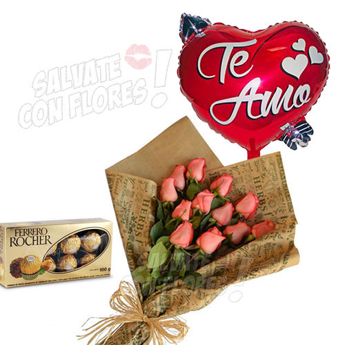 12 Rosas + Globo Helio + Chocolates | Regalar Flores, Envio de flores, desayunos y regalos a domicilio