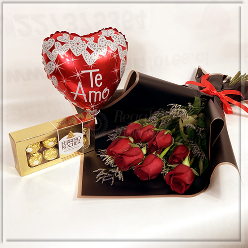 Ramo 8 rosas + Globo + Ferrero | Regalar Flores, Envio de flores, desayunos y regalos a domicilio