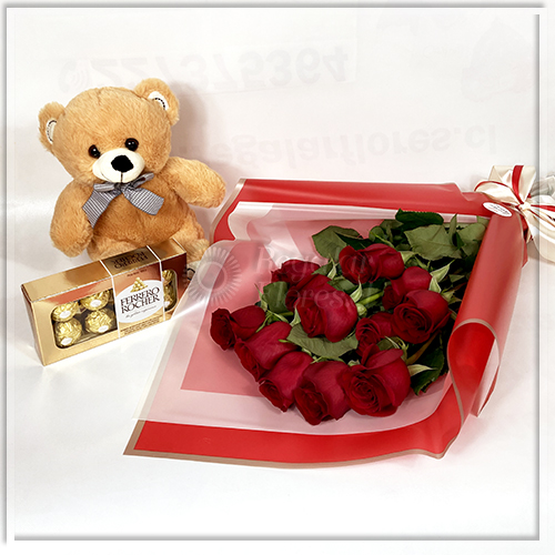 12 rosas en ramo + osito + Ferrero 100gr | Regalar Flores, Envio de flores, desayunos y regalos a domicilio
