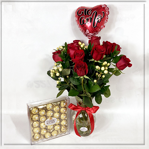 Jarrón de Rosas + Ferrero 300gr + globo | Regalar Flores, Envio de flores, desayunos y regalos a domicilio