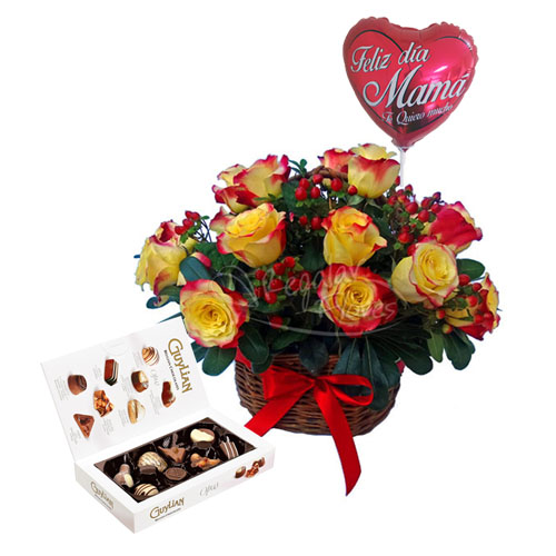 Canastillo rosas + globo + chocolates | Regalar Flores, Envio de flores, desayunos y regalos a domicilio