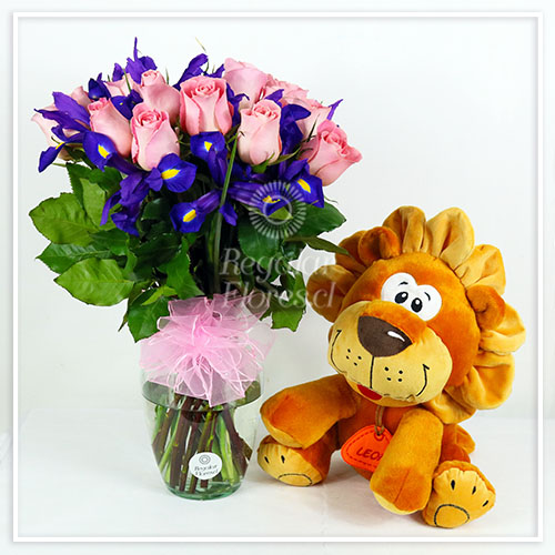 Jarrón rosas e iris + león | Regalar Flores, Envio de flores, desayunos y regalos a domicilio