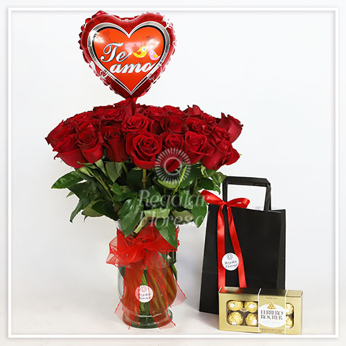 Florero 40 rosas + Globo + Ferrero Rocher | Regalar Flores, Envio de flores, desayunos y regalos a domicilio