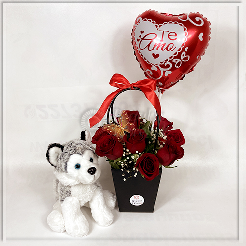 Bolso 10 rosas, globo y perrito | Regalar Flores, Envio de flores, desayunos y regalos a domicilio