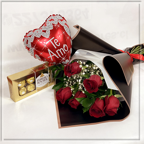 Ramo 6 rosas rojas + globo + Ferrero | Regalar Flores, Envio de flores, desayunos y regalos a domicilio