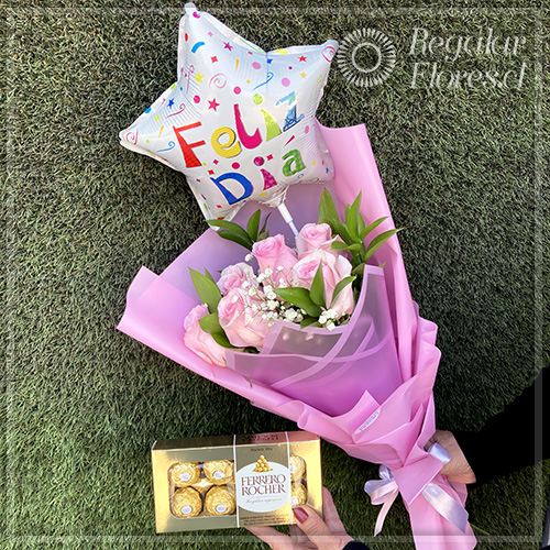 Ramo 6 rosas + globo + Ferrero 100gr | Regalar Flores, Envio de flores, desayunos y regalos a domicilio