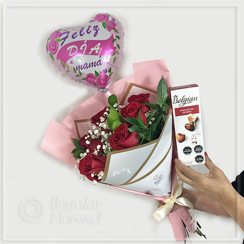 Ramo 6 rosas rojas+ globo + belgian 65gr. | Regalar Flores, Envio de flores, desayunos y regalos a domicilio