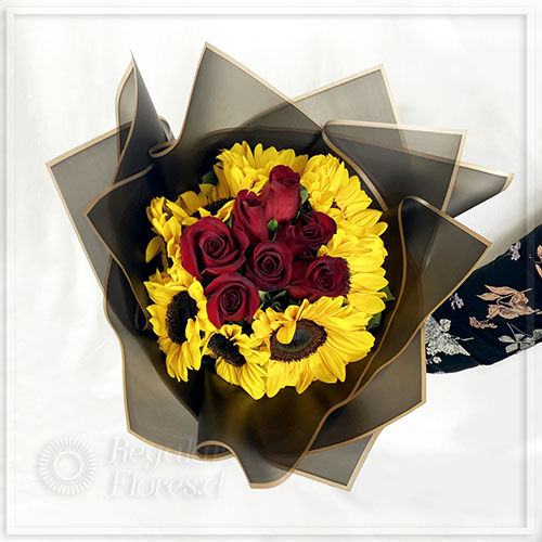 Ramo girasoles y rosas en negro | Regalar Flores, Envio de flores, desayunos y regalos a domicilio