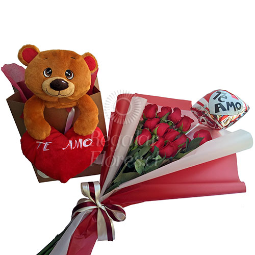 12 Rosas + Oso + Globo Te Amo | Regalar Flores, Envio de flores, desayunos y regalos a domicilio